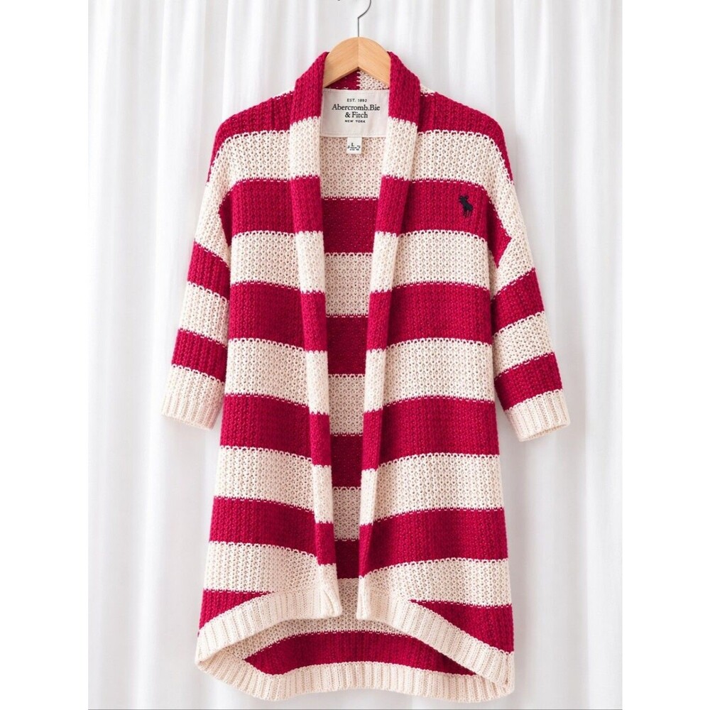 Abercrombie & Fitch Raspberry Off White Stripe Drape Front Chunky Knit Sweater